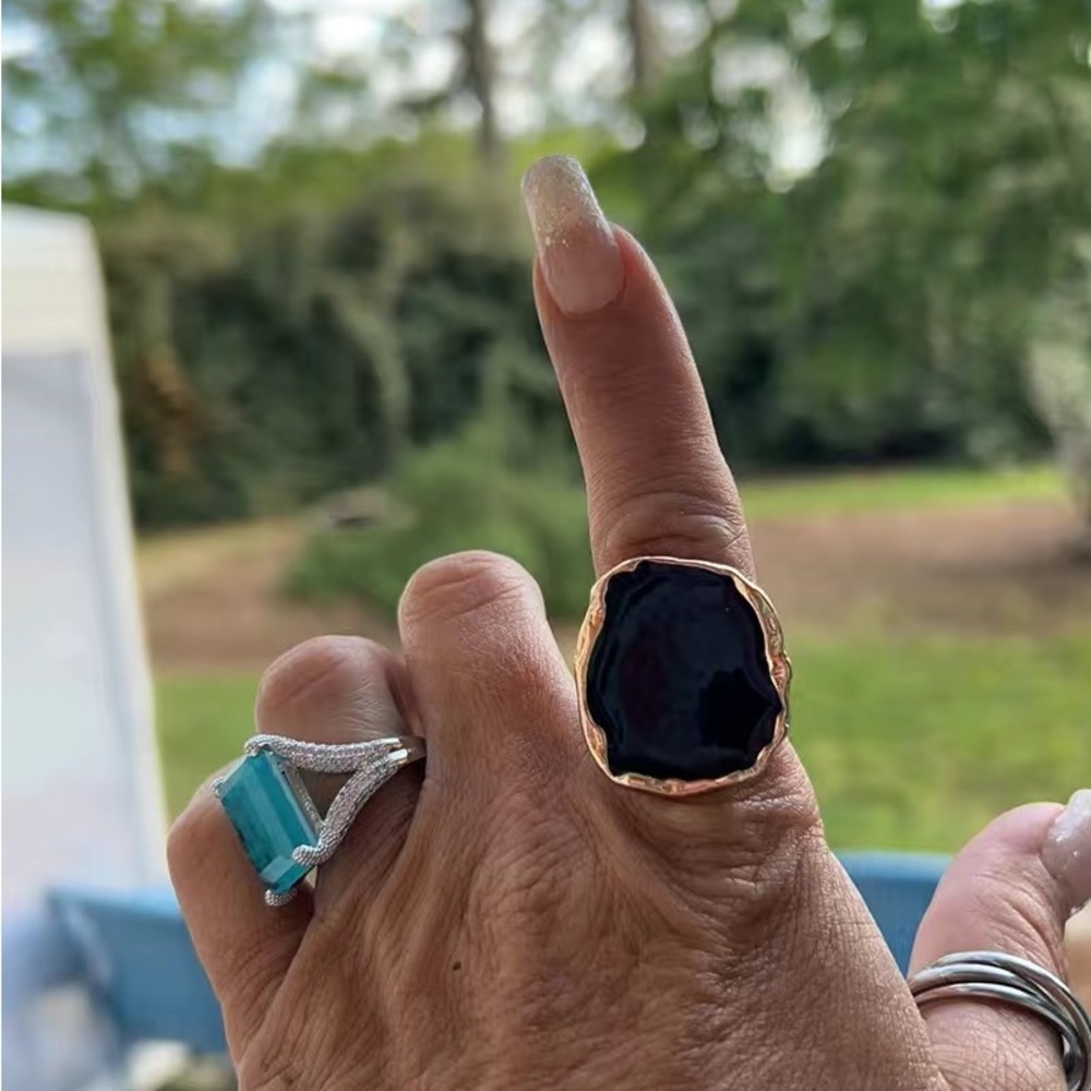 New Yellow Gold Plated Black Statement Retro Chunky Resin Acrylic Ring - Picture 7 of 7